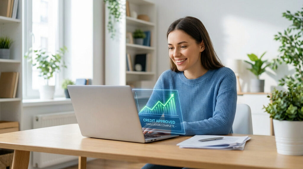 Femme souriante devant un ordinateur portable affichant un graphique en hausse et "CRÉDIT APPROUVÉ". Un succès financier.