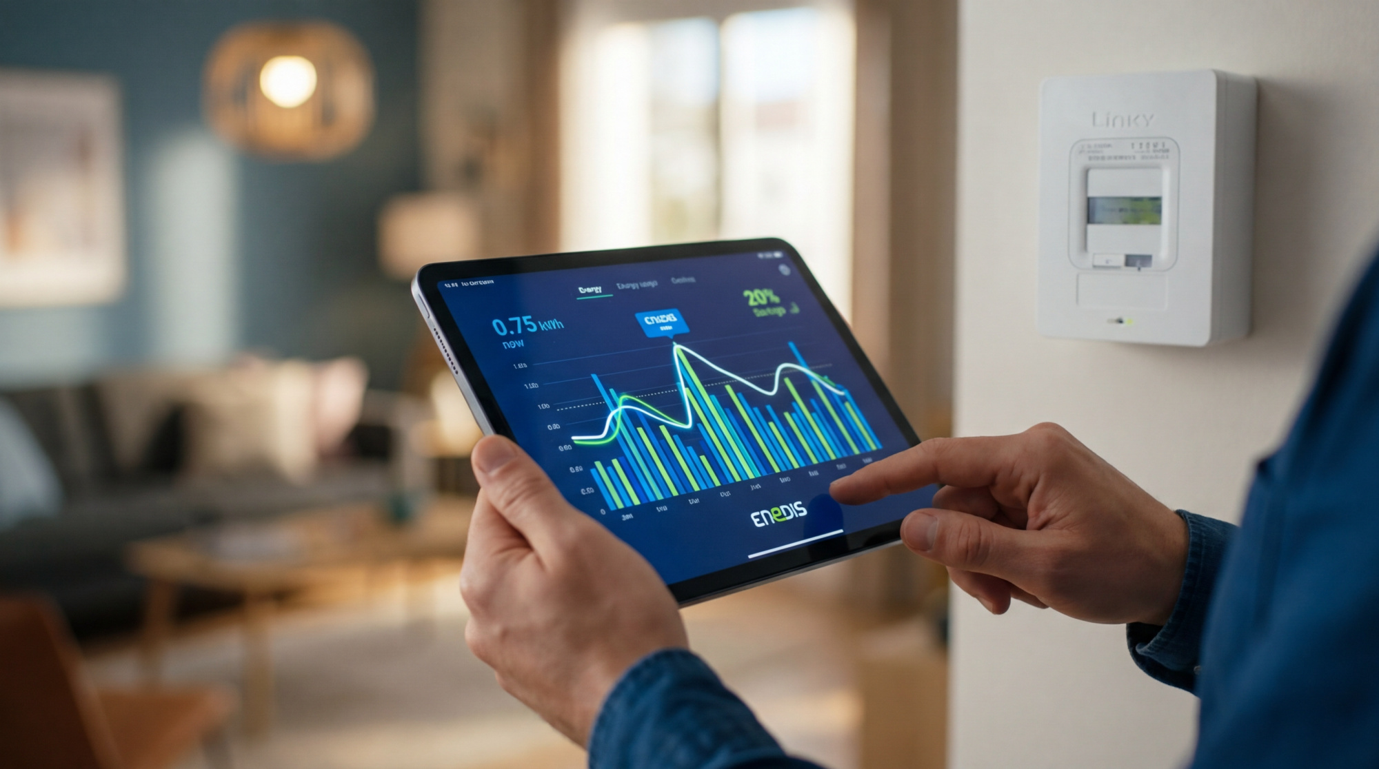 Mains d'une personne utilisant une tablette avec l'application Enedis affichant un graphique de consommation énergétique, près d'un compteur Linky.