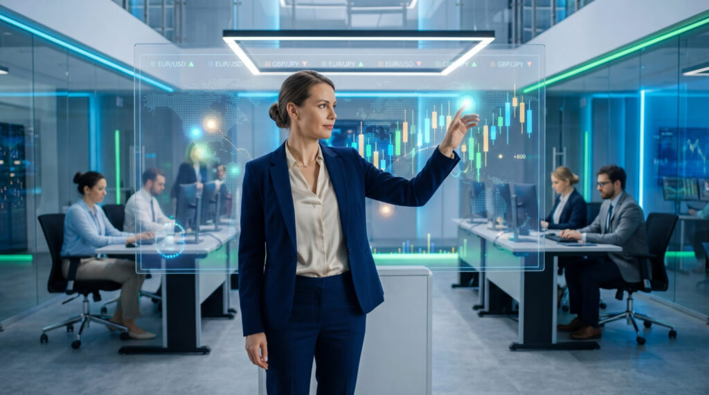 Femme d'affaires interagit avec un écran holographique affichant des graphiques boursiers et des paires Forex dans un bureau moderne.