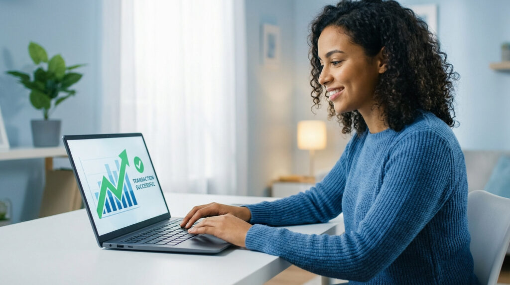 Jeune femme souriante utilisant un ordinateur portable affichant un graphique de croissance et le message "TRANSACTION SUCCESSFUL", symbolisant un crédit approuvé.